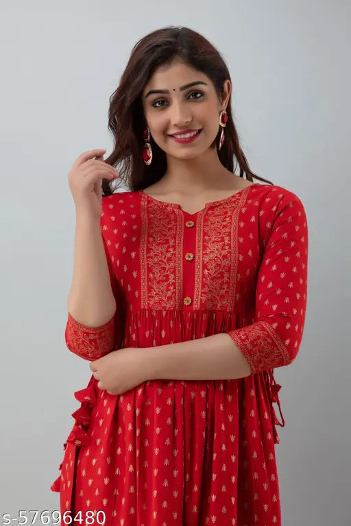 Gold Rayon Anarkali dress with three-quarter sleeves, printed pattern for women, India origin