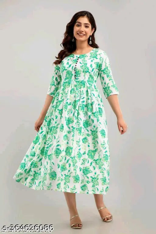 Rayon green floral print Anarkali kurti, three-quarter sleeves, trendy women's fashion from India