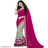 Printed Bollywood Georgette chiffon saree, vibrant half & half pattern on free-size georgette fabric