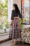 Rayon printed Anarkali kurtis for women with three-quarter sleeves, trending Indian fashion on mannequin