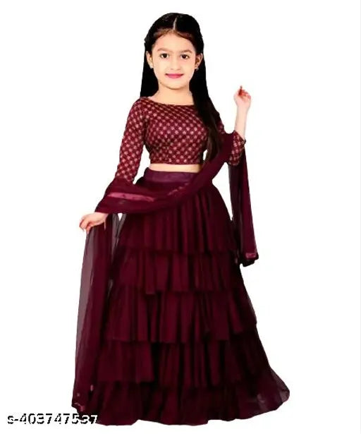 Maroon embroidered kid's lehnga choli set, long-sleeved satin top and net dupatta with ruffle design, size 10-11 years, Indian semi-stitched fashion