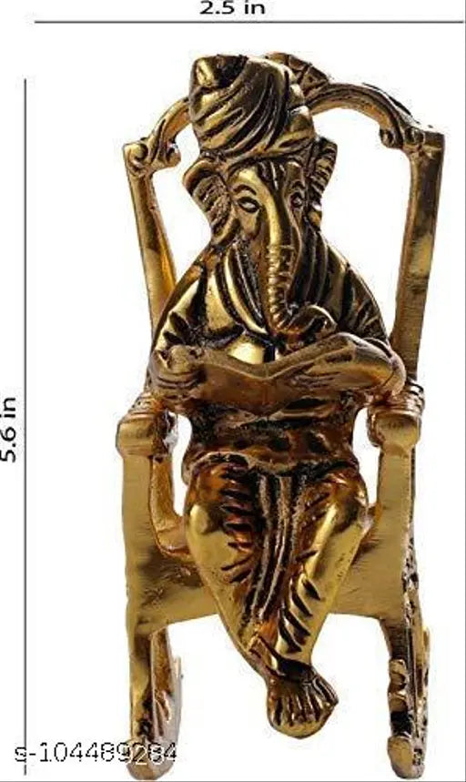 Brass Ganesha figurine, Lord Ganesha sitting on chair reading Ramayan, ornate Indian decorative showpiece