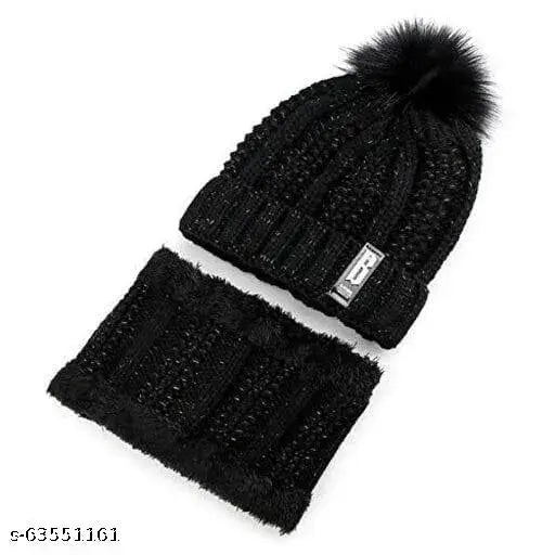 Black winter soft warm 1 set snow-proof ball cap & beanie cap with fur & scarf for women & girls, woolen, textured pattern