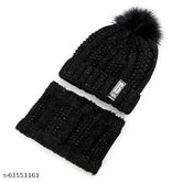 Black winter soft warm 1 set snow-proof ball cap & beanie cap with fur & scarf for women & girls, woolen, textured pattern