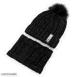 Black winter soft warm 1 set snow-proof ball cap & beanie cap with fur & scarf for women & girls, woolen, textured pattern