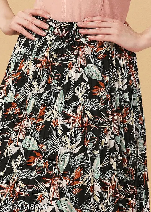 Printed pleated midi skirt, polyester, casual-regular fit, women's mid-waist, Indian origin
