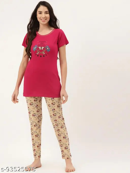 Cotton Broowl Women's Long Top Suit Set, printed pyjama-style tunic & shorts, soft & comfy