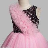 Pink net ruffled bodice hi-low dress for girls party wear, embellished and sleeveless, 1-2 years size (bust 23in, length 16in)