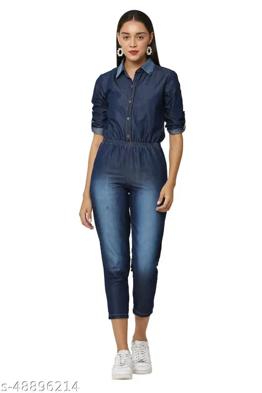 Classy denim jumpsuit for women, navy blue solid with three-quarter sleeves, size availability