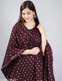 Rayon hand block-printed short kurti set with sharara and dupatta, featuring intricate gold print. Ethnic Indian fashion essential made in India, available in sizes XS to L
