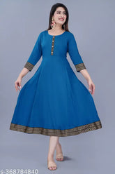 Rayon anarkali kurti dress with three-quarter sleeves, solid color for women, Indian traditional attire on mannequin
