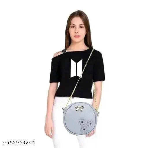 Grey and cream PU sling bags - trendy styles for women, embellished net design, free size