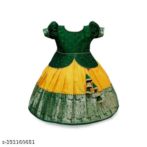 Exclusive girls' lehenga designs, silk with aari work, short sleeves, jequard silk dupatta, perfect for festivals or special occasions
