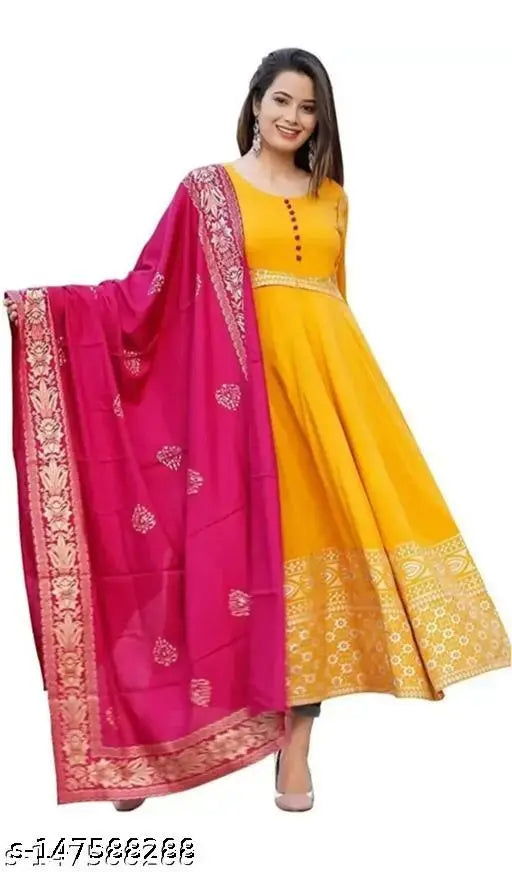 Yellow plus size anarakali kurta with pink dupatta, rayon fabric, perfect for Haldi Rashm ceremony