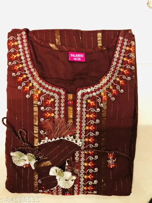 Maroon cotton blend embroidered Anarkali kurta with gotta lace border - Indian traditional wear for functions, festivals, parties & weddings