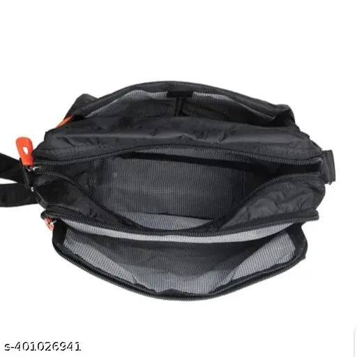 Black polyester unisex sling bag, cross body multipurpose handbag for office, cash business collection and traveling. Three compartment slim design with zipper closure