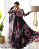 Georgette floral print fully flared dress one with dupatta, high-quality Indian fabric for stylish S-XXXL sizes