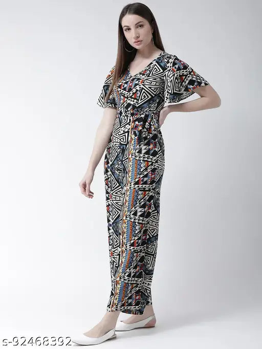 Multicolor printed rayon jumpsuit by MsFQ, short sleeves, vibrant tropical pattern
