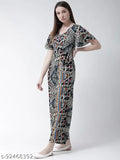 Multicolor printed rayon jumpsuit by MsFQ, short sleeves, vibrant tropical pattern