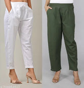 White & Green Combo Cotton Trouser Set of 2 (100% cotton, pleats detailing, ankle length, side pockets, elasticated back)