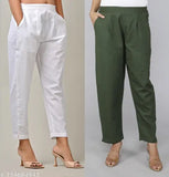 White and green combo cotton trousers set of 2, comfortable and versatile casual wear with pleats detailing and pockets, Indian-made