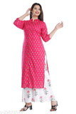 Rayon printed kurta with palazzo set, vibrant rayon fabric, three-quarter sleeves, Indian women's ethnic wear on mannequin