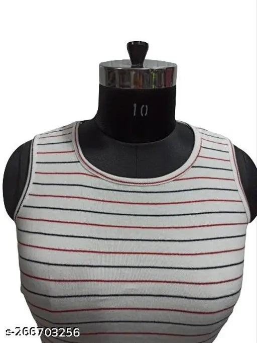 Lycra striped sleeveless top, round neck, print pattern, size XS-M, made in India