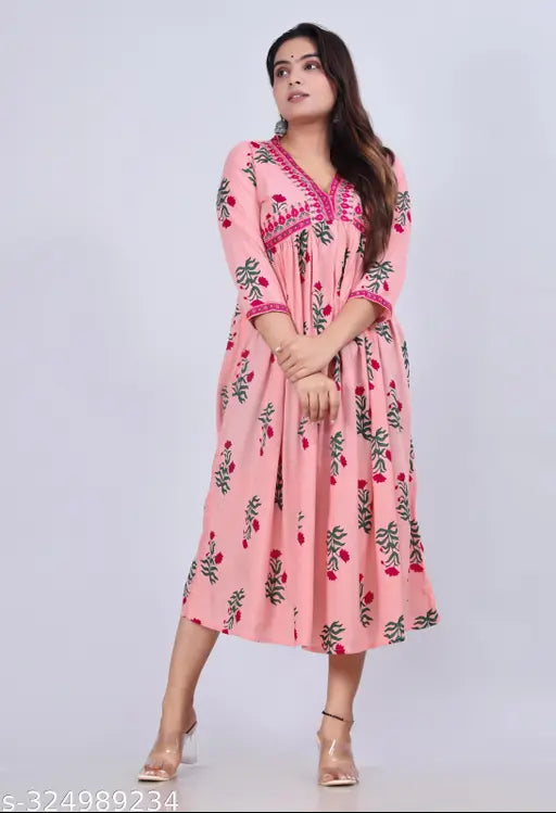 Rose print rayon anarkali kurti, trendy and stylish for ethnic wear, three-quarter sleeve