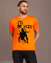Orange polycotton men's regular fit polo t-shirt with half sleeves, Jai Sri Ram printed design, Ram Mandir themed for Udghatan 2024 in Ayodhya