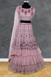 Pink net zari embroidered semi-stitched lehenga choli and dupatta, free size