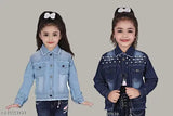 Stylish denim jacket combo light and dark, embellished net pattern, long sleeves, hand washable, sizes 4-5 Years to 11-12 Years, India origin