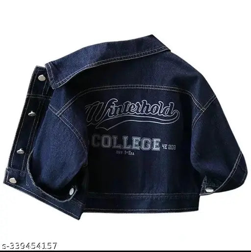 Denim jacket college: Long sleeved denim jacket, dyed/washed design, casual wear for kids and all seasons. Made in India
