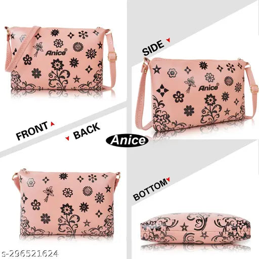 Printed net PU sling bag for women and girls, spacious compartment and pockets, adjustable cross-body strap