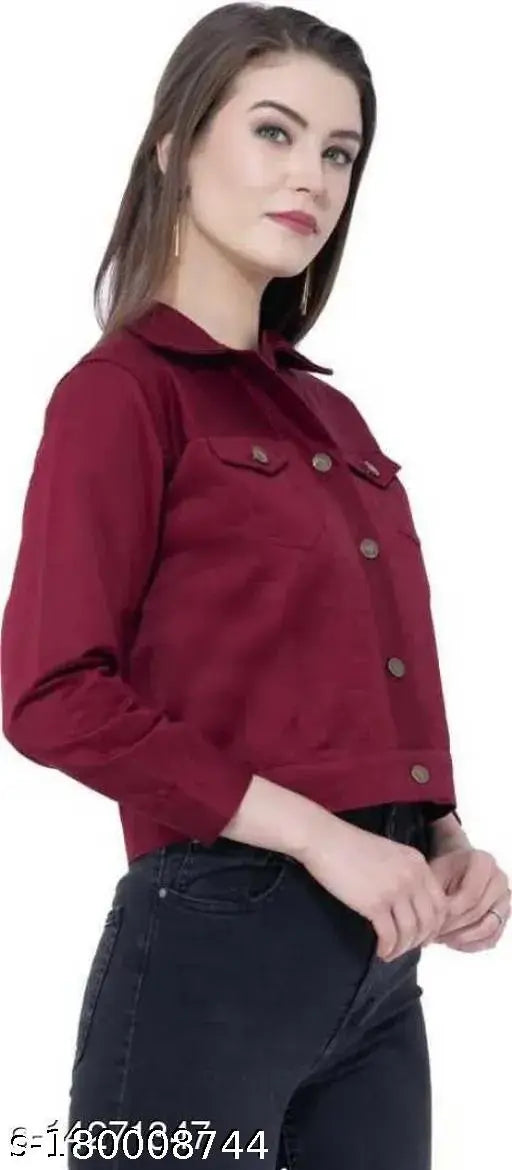 Stylish maroon denim jacket for women, solid net three-quarter sleeves, size S (36in bust, 19in length)
