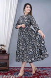 Black rayon Anarkali kurta with full flair, Jaipur print design on three-quarter sleeves. Stylish women's fashion, paired with various bottoms, made in India (XS-5XL)