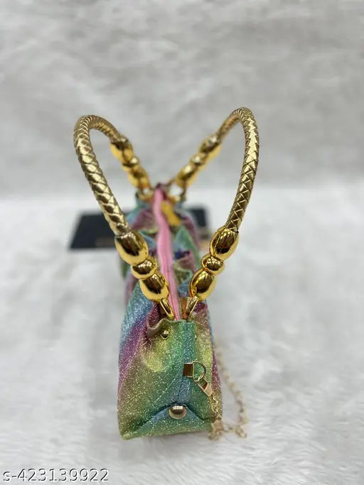 Radiant Rainbow Multicolor PU Clutch with Golden Stripe, vibrant accessory for women & girls on display