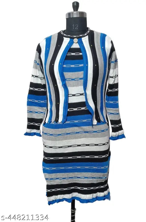 Blue woolen women's winter jacket-kurta set with palazzos, three-quarter sleeves, printed net design