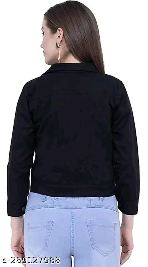 Black denim women's jacket by Fannox Enterprises, solid design, long sleeves