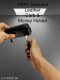 Genuine black leather RFID blocking 5-compartment card holder, textured design. Premium leather, bee decoration, pocket-sized for everyday use