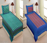 Geometric-patterned cotton flat sheets combo pack (2 bedsheets, 2 pillow covers) - Ideal for summer adult use - VNV Creation