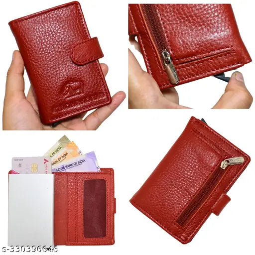 Genuine leather RFID card holder, rich brown men's formal travel wallet with 3 compartments, featuring strong brand emblem for timeless elegance and RFID protection