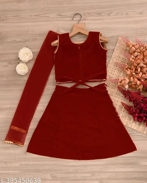 Velvet lehenga and net dupatta for ethnic girls, embroidered and unstitched lehenga choli, trendy Indian wear for 6-24 months