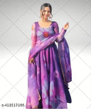 Purple Georgette printed flower long gown for parties, includes sizes S-XXXXL with matching dupatta