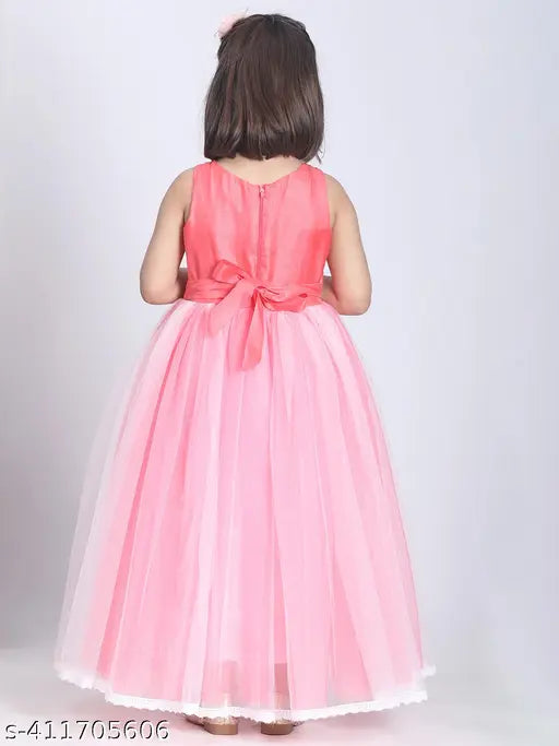 Pastel pink net party gown for kids, full length, sleeveless, printed with toy balloons design, India origin
