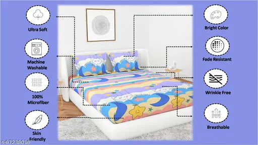 Multicolor microfiber kids bedsheet & pillow cover (90x90, double), ultra-soft, breathable with cartoon design - ideal for cool summer nights, Made in India