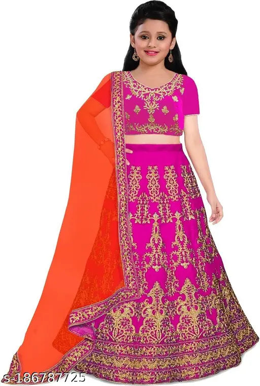 Embroidered poly-silk Lehenga Choli set with net dupatta for girls (36 in waist, short sleeves), Indian ethnic wear