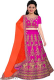 Embroidered poly-silk Lehenga Choli set with net dupatta for girls (36 in waist, short sleeves), Indian ethnic wear