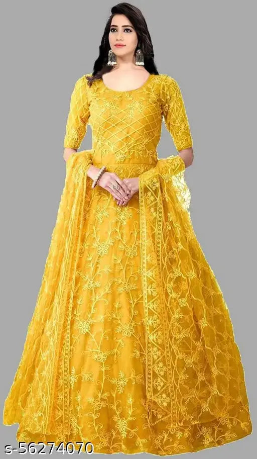 Embroidered net semi-gown from India (Free size: Bust 44in, Length 56in, Waist 44in, Hip 52in, Shoulder 22in)