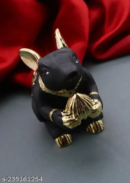 Black ceramic Ganesh idol, 'Mushak with Golden Modak' from Kamal Art Jewellery. Decorative Ganpati Bappa Mouse, 10" L x 10" H x 10" W, handcrafted in India