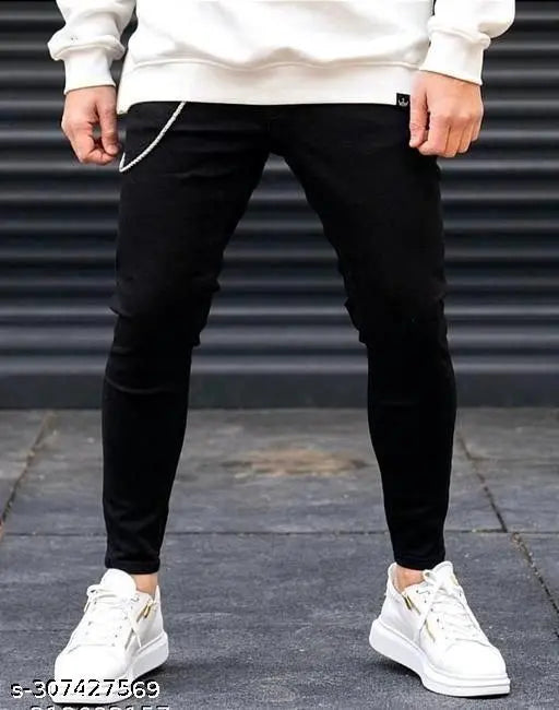 Men's black stretchable jeans, high-quality and affordable, featuring a versatile style and comfortable fit. Size 28, 30, or 32 inches waist. Made in India